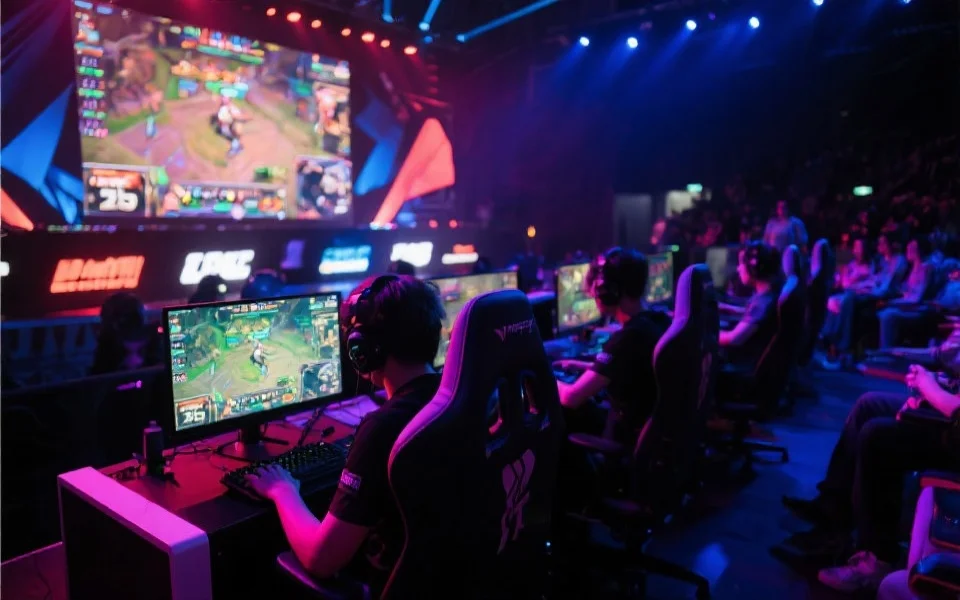 比赛现场瞬间，选手专注操作，显示屏上团战激烈，观众席灯光明亮