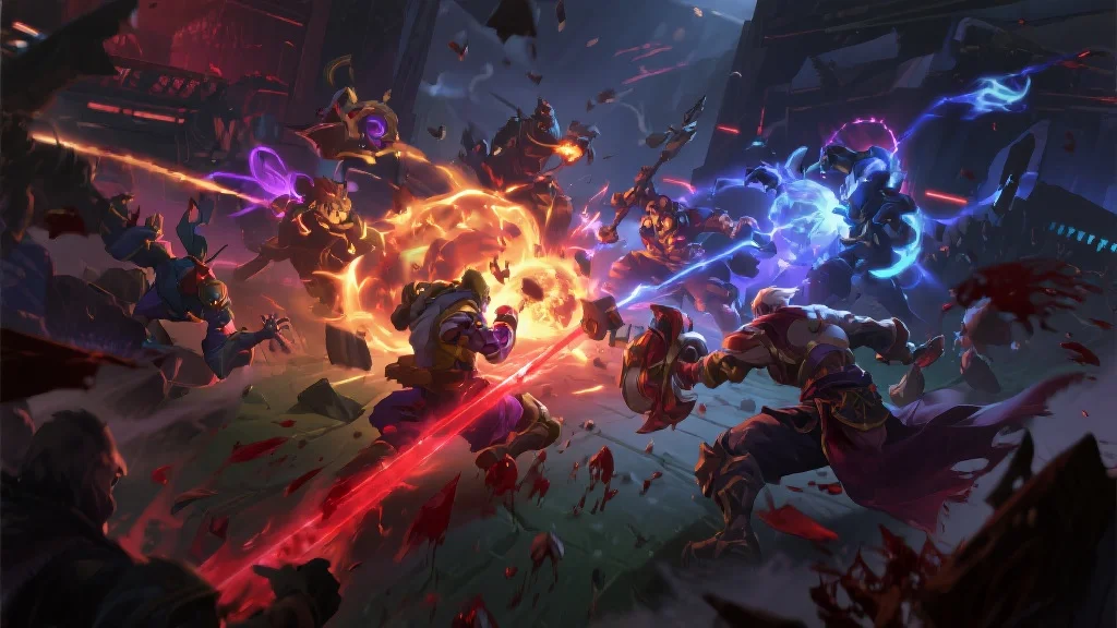 英雄联盟比赛中一场关键的团战,技能特效华丽,双方英雄在混乱中交锋,血条跳动,显示着紧张的战况